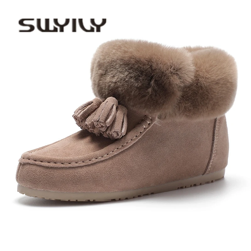 

SW Rabbit Fur Winter Snow Boots Shoes Flat plush High Top 2018 Genuine Leather Female Fashion Warm Shoes Tassel Now Boots 40