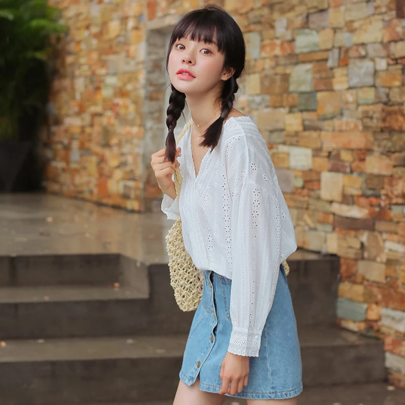 Винтаж ажурные кружева рубашка сладкий прекрасный корейский Японии Для женщин