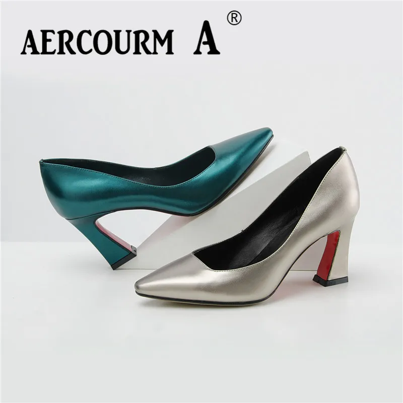 Зеленый натуральной кожи Aercourm A г. Для женщин шелковой поверхностью обувь женская обувь из натуральной кожи туфли-лодочки на каблуке Весна квадратный каблук зеленый Брендовая обувь Z302
