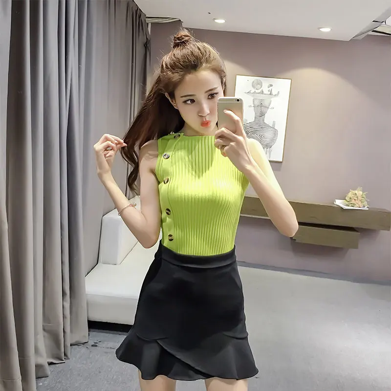 Shintimes, эластичные топы, летние, полосатые, винтажные, Camiseta, Tirantes Mujer, Camis,, на пуговицах, безрукавка, женский, хлопок, Haut Femme