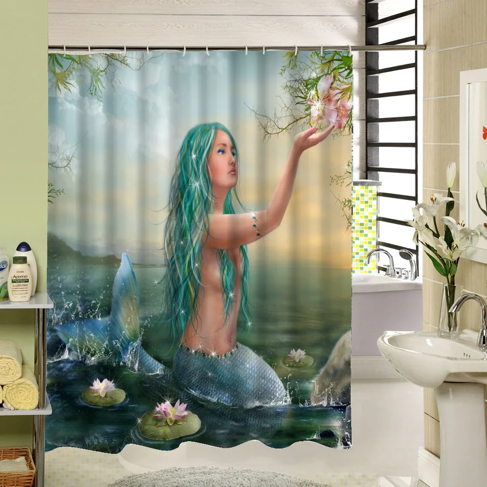 The Beautifu Mermaid With Green Hair Is Enjoying Flower In River Custom Curtain For Bathroom Waterproof Shower | Дом и сад