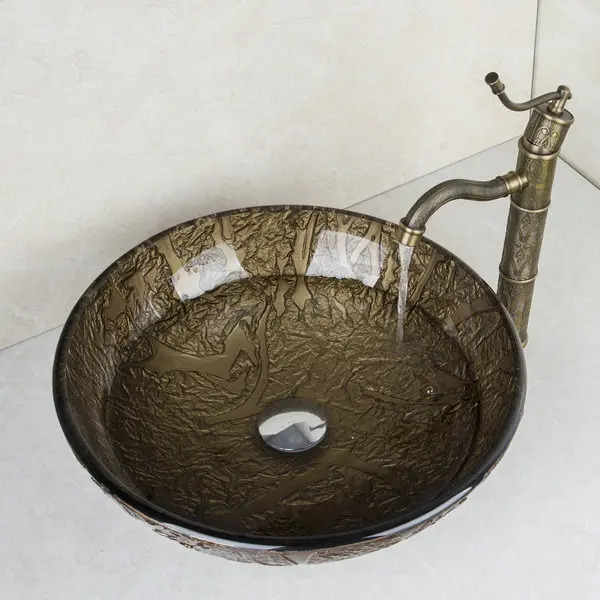 Раковина из закаленного стекла BrownRound с античным латунным смесителем для ванной