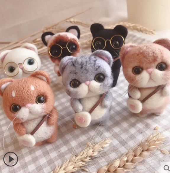 Кошка кукла Шерсть Кружево комплект животных с очками шерстяной фетр иглы для