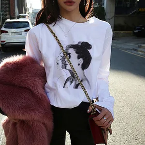 Новые модные футболки женские весенне-летние платья для девочек с принтом с длинным рукавом, о-образным вырезом, свободные женские топы Slim Fit мягкая женская футболка плюс Размеры