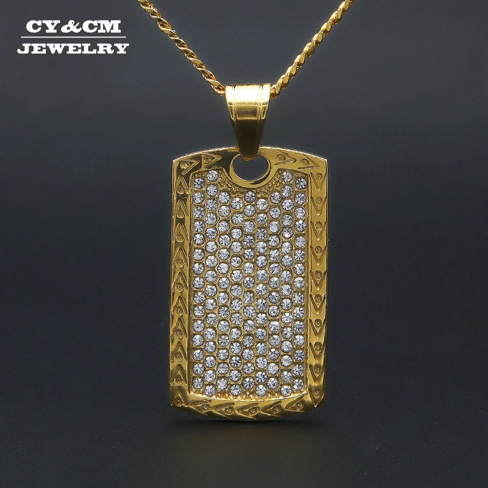 

CY&CM Stainless Steel Freemason Dog Tag Army Pendant Necklace Men Jewelry Hip Hop Iced Out Cz Diamonds Rhinestone Cuban Chain