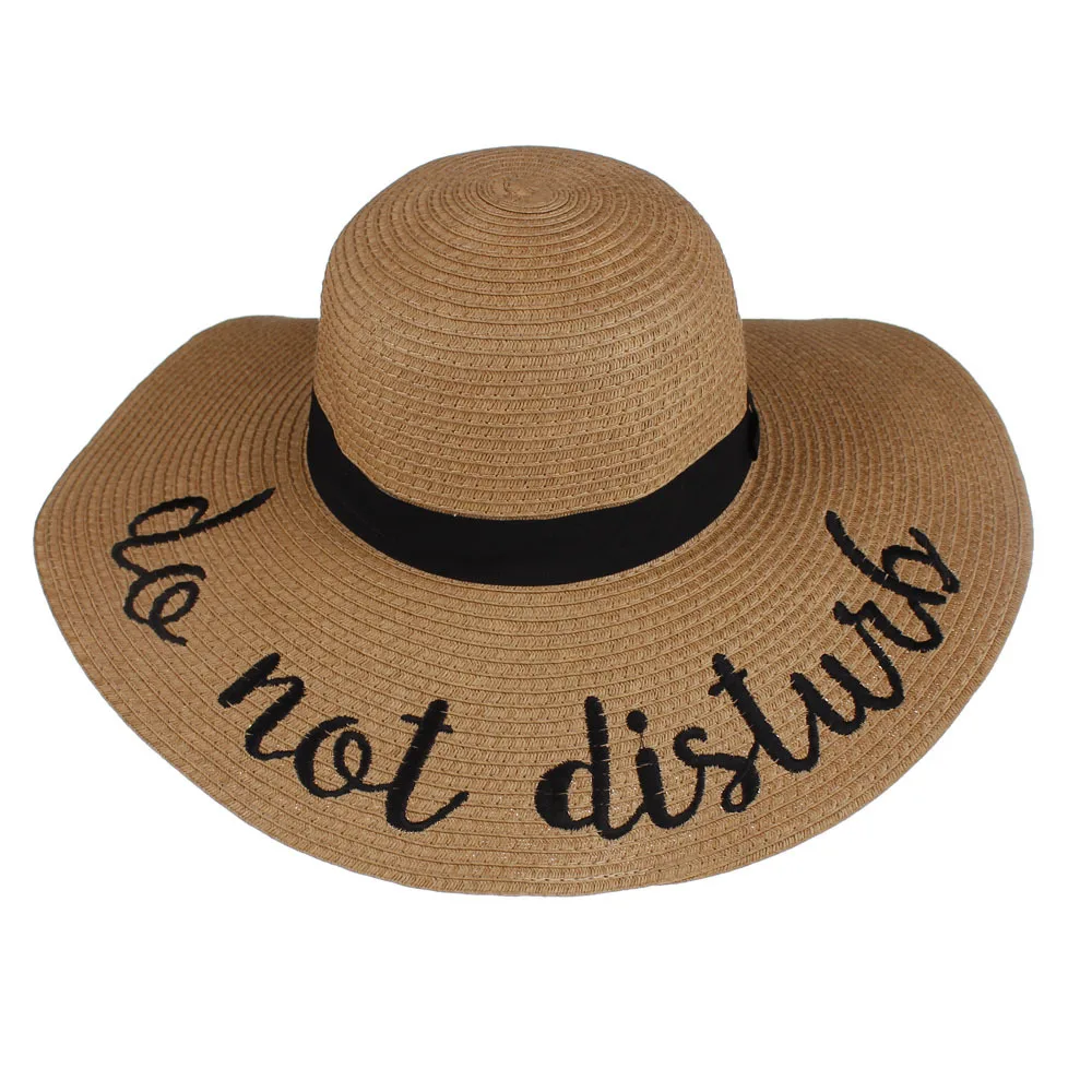 Женская соломенная шляпа с вышитыми буквами и большими полями Пляжная шляпка для