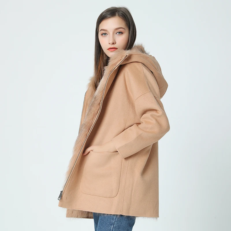 OFTBUY Новая модная зимняя куртка, пальто для женщин, натуральный Лисий мех, на подкладке, с капюшоном, свободная шерстяная куртка, верхняя одежда, парка