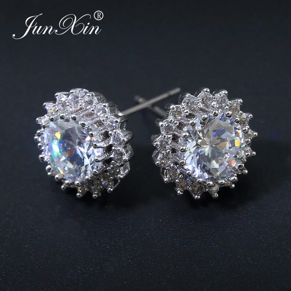 Женские серьги гвоздики с кристаллами JUNXIN серебристые Двухсторонние цирконием