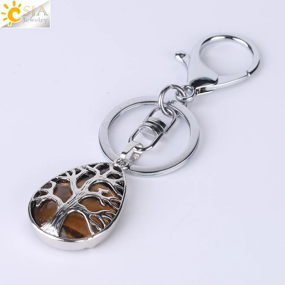 Tiger Eye CSJA модные капли воды брелки для ключей брелок для ключей рейки натуральный драгоценный камень Дерево жизни кулон для автомобиля мотоцикл сумка F400 - Цвет: Tiger Eye