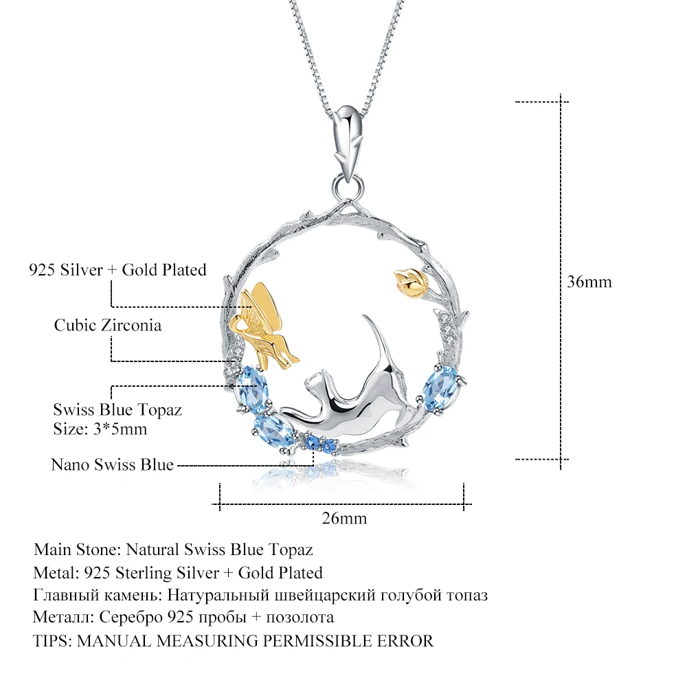 Женское ожерелье из серебра 925 пробы с натуральным голубым топазом