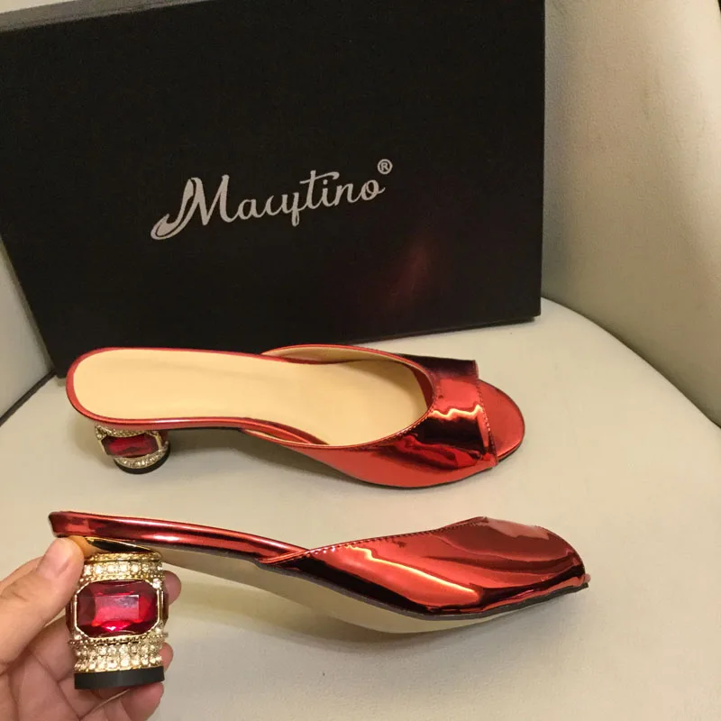 Summer sandal 6CM women shoes sexy mirror patent leather open toe high beautiful slides diamond heel summer 8CM slipper shoes