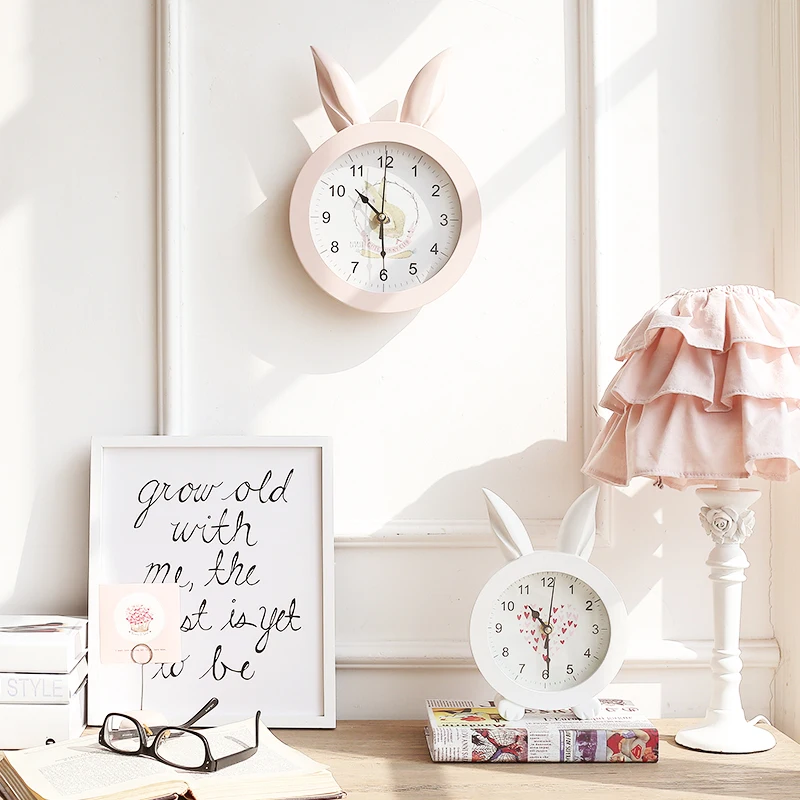 Miz Home White Creative Rabbit Ear Wooden Wall Quartz Watch Desktop Clock Art Decor stickers wall Watches for Girl Women|desktop watch|wooden desktop