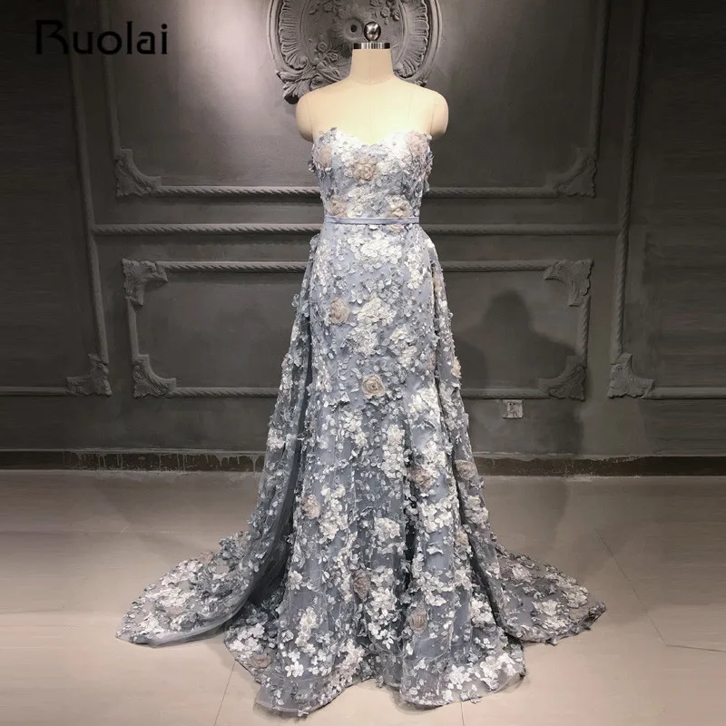

2 colors Mermaid Evening Dress 2019 Sweetheart Prom Dress 2019 Removable Train Formal Evening Dresses 3D Flower Applique SN42