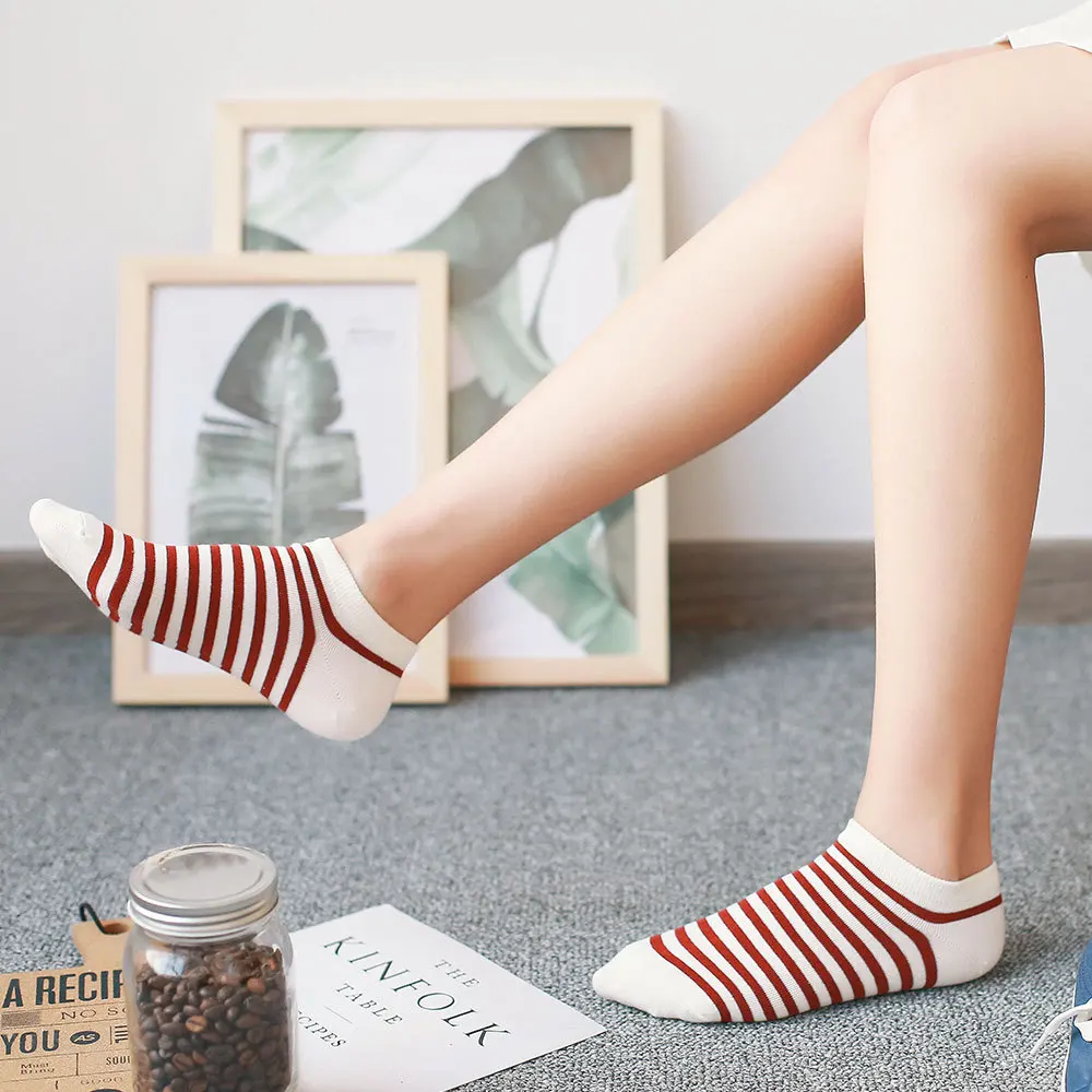 5 пар/партия женские хлопковые носки Осенние новые полосатые спортивные тапочки