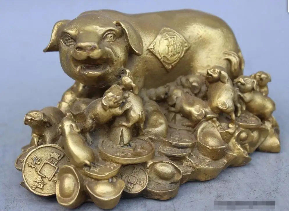 Китайская латунная Скульптура Фэн-шуй статуя из множества свиней | Дом и сад