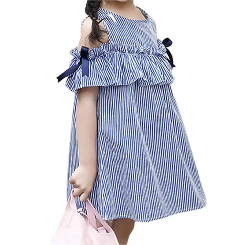 Baby Girls Dress Korean Style Cold Shoulders Tie Ruffles Princess Tutu Stripes Girl Clothes Shoulder | Детская одежда и обувь