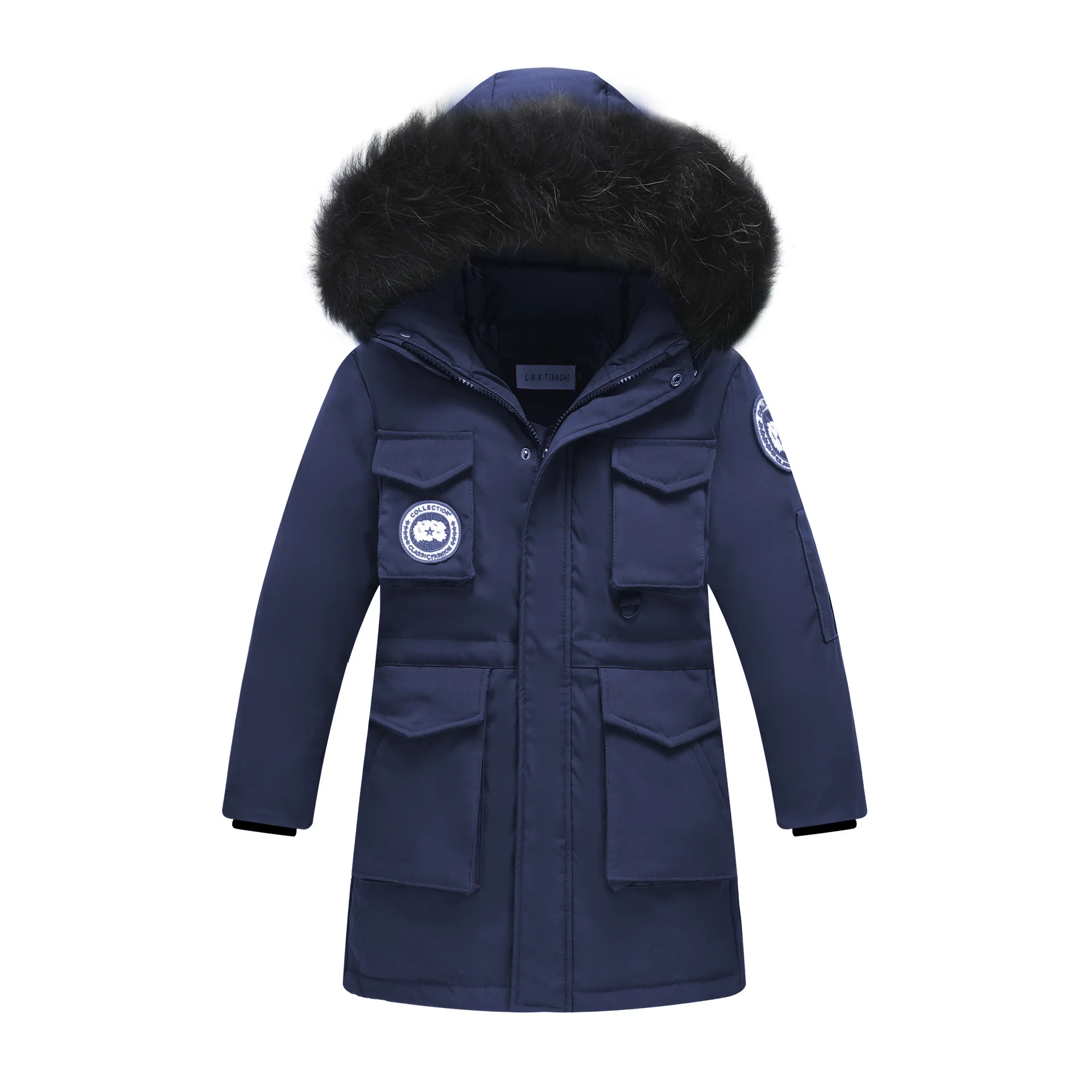 dark blue Boys Winter Jacket Goose Down Coat Kids Warm Clothes-30 with Fur Hooded Long Parks Big Boy Children Outerwear 8 10 12 14 year - Цвет: dark blue