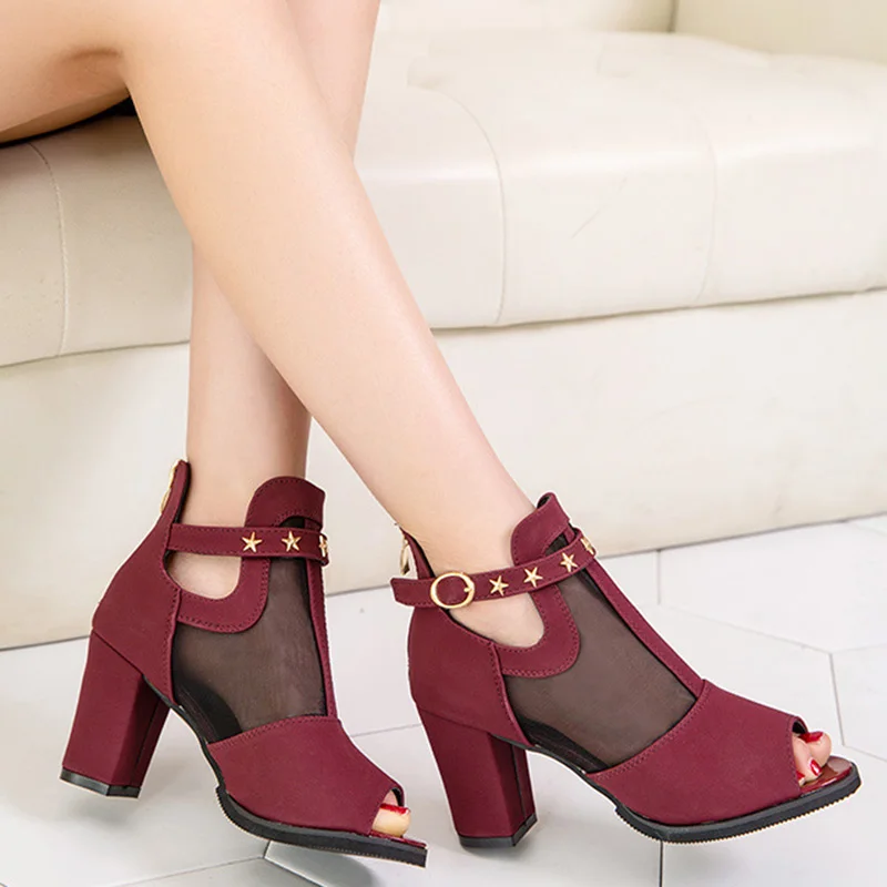 

Women Sandals 2021 Summer New Fish Mouth Thick With Sandals Female Middle With Mesh Breathable Fashion High Heel Women's Sandals