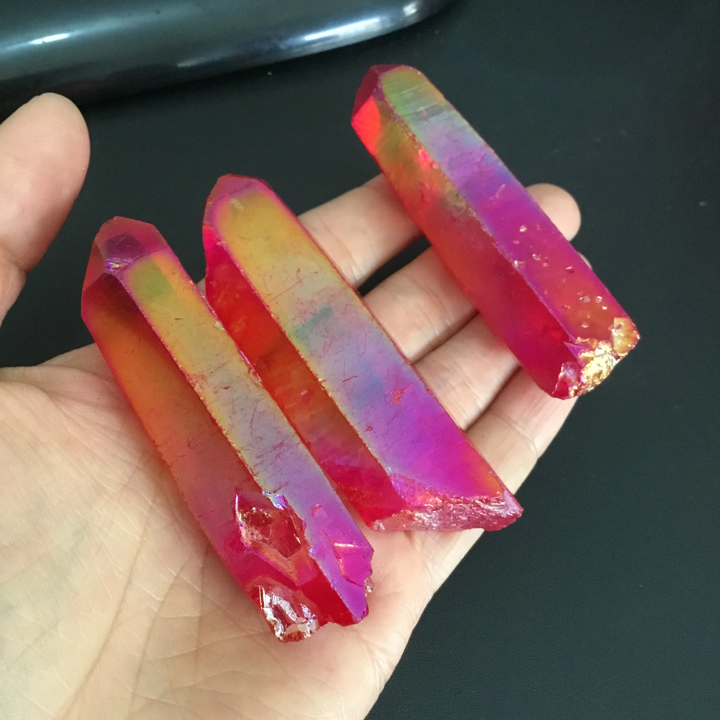 3 шт. натуральный полированный розовый кварц aura crystal point red titanium coating для украшения