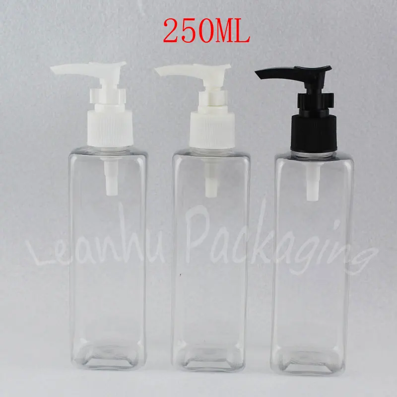 250ML Transparent Square Plastic Bottle With Bayonet Pump, 250CC Shampoo / Lotion Packaging Bottle , Empty Cosmetic Container