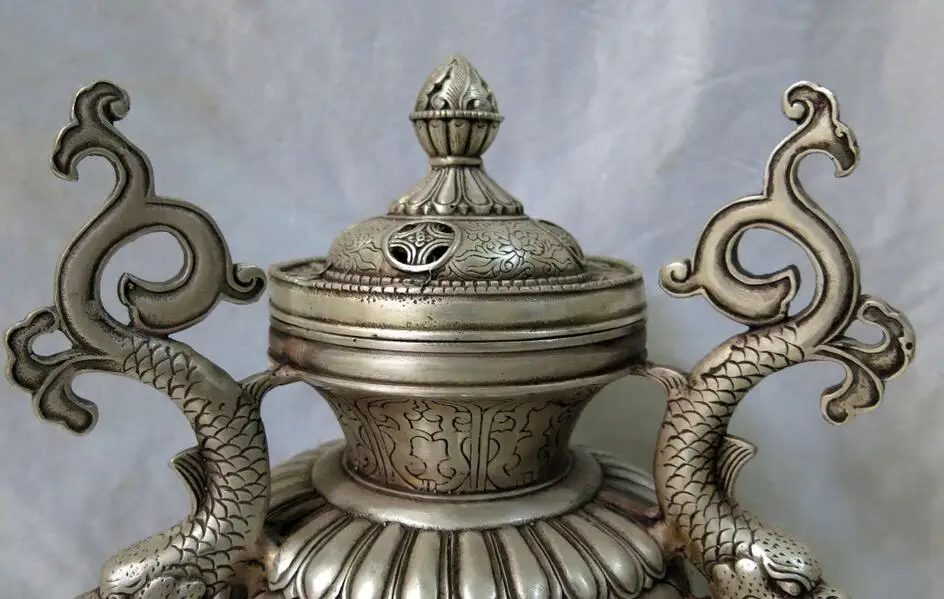 Fine silver censer China carved lucky two Dragon sculpture incense burner Statue | Дом и сад