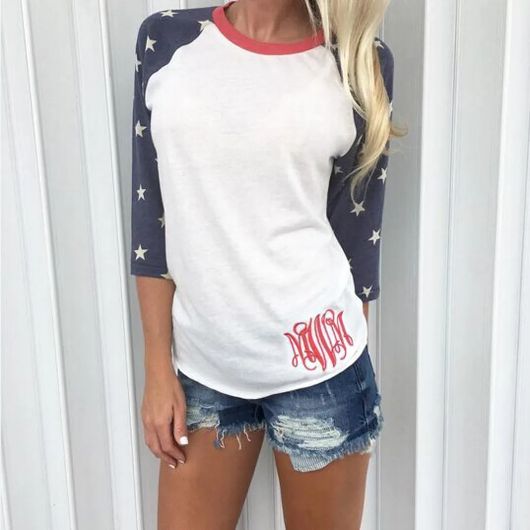 Новые Моды для Женщин 3/4 Рукавом Футболки Лоскутное Печати Персонализированные