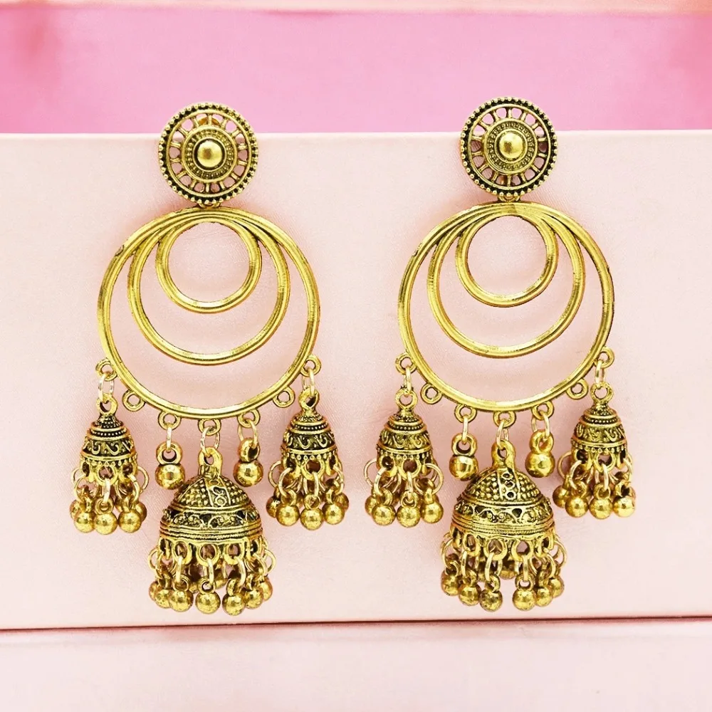 Индийские свадебные серьги для невесты, женские Jhumka Большие колокольчики, длинная ниспадающая кисточка, серьги, золото, серебро, Афган, Египет, Турция, этнические ювелирные изделия