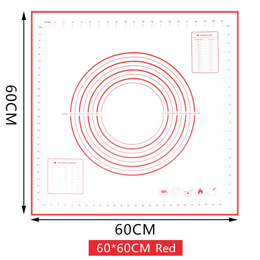 60x60CM Red Большой размер антипригарный силиконовый коврик для выпечки многоразовый коврик для выпечки инструмент для выпечки 80*60 см/70*50 см/60*60 см/60*50 см - Цвет: 60x60CM Red