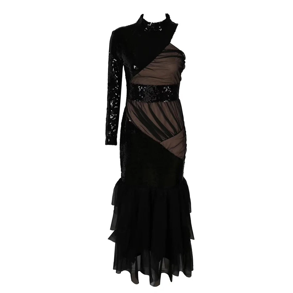 Seamyla, новинка, весеннее вечернее платье знаменитостей, vestidos, женское, черное, Сетчатое, с оборками, Русалка, длинное платье, сексуальное, бодикон, Клубные платья - Цвет: Черный