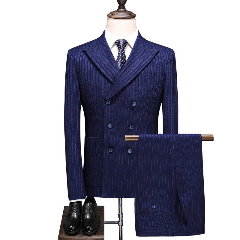

Double-breasted dark blue suit men's slim striped suit three-piece jacket, pants, vest men's business formal suit
