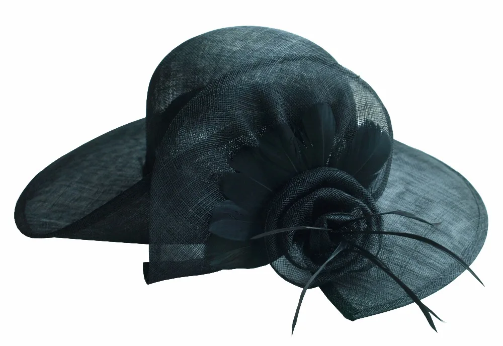 Эксклюзивный дизайн женская черная шляпа с широкими полями Sinamay Kentucky Derby