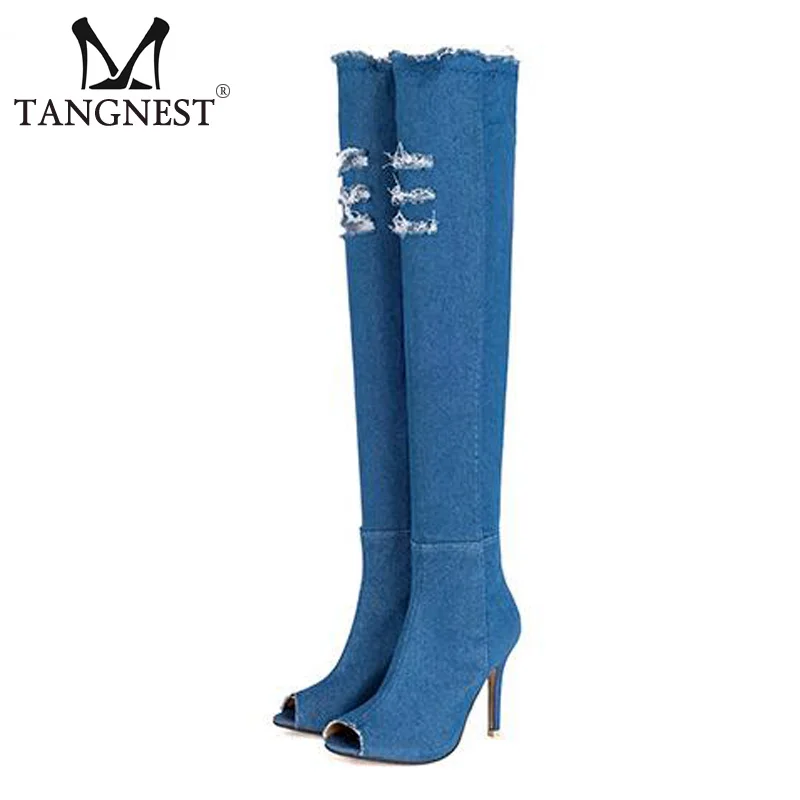 Tangnest/Винтажные джинсовые сапоги выше колена для женщин пикантная обувь на тонком