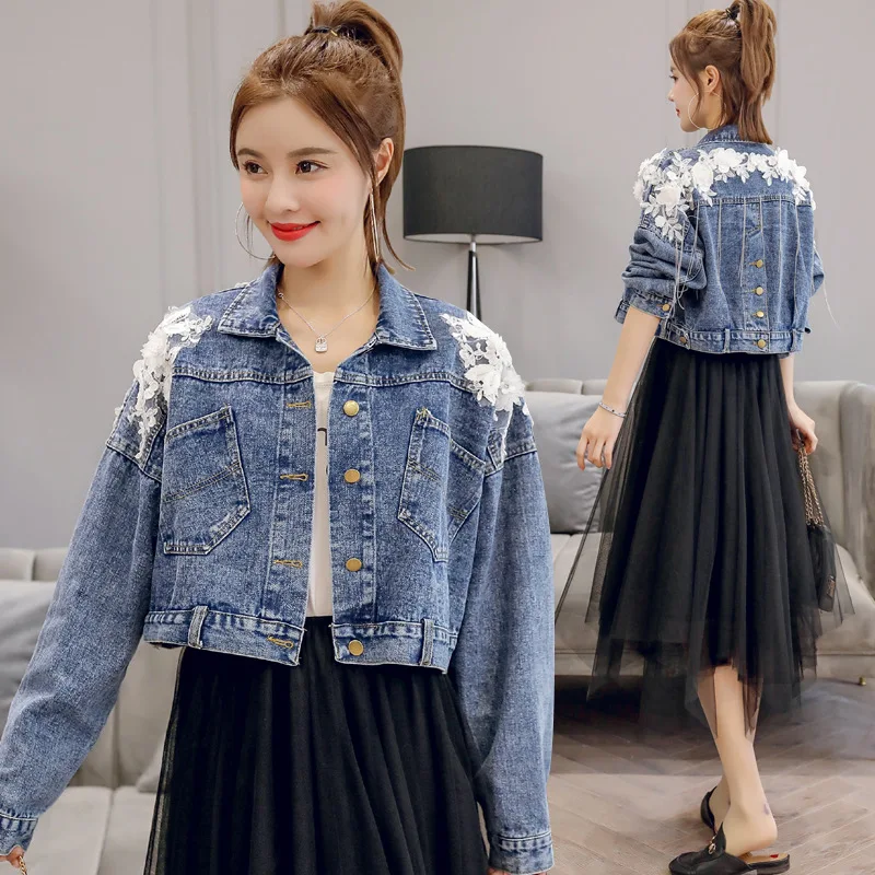 Korobov Autumn New Flower Appliques Denim Jackets Women Single Breasted Pockets Crop Jacket Korean Tassel Jeans 78197 | Женская одежда