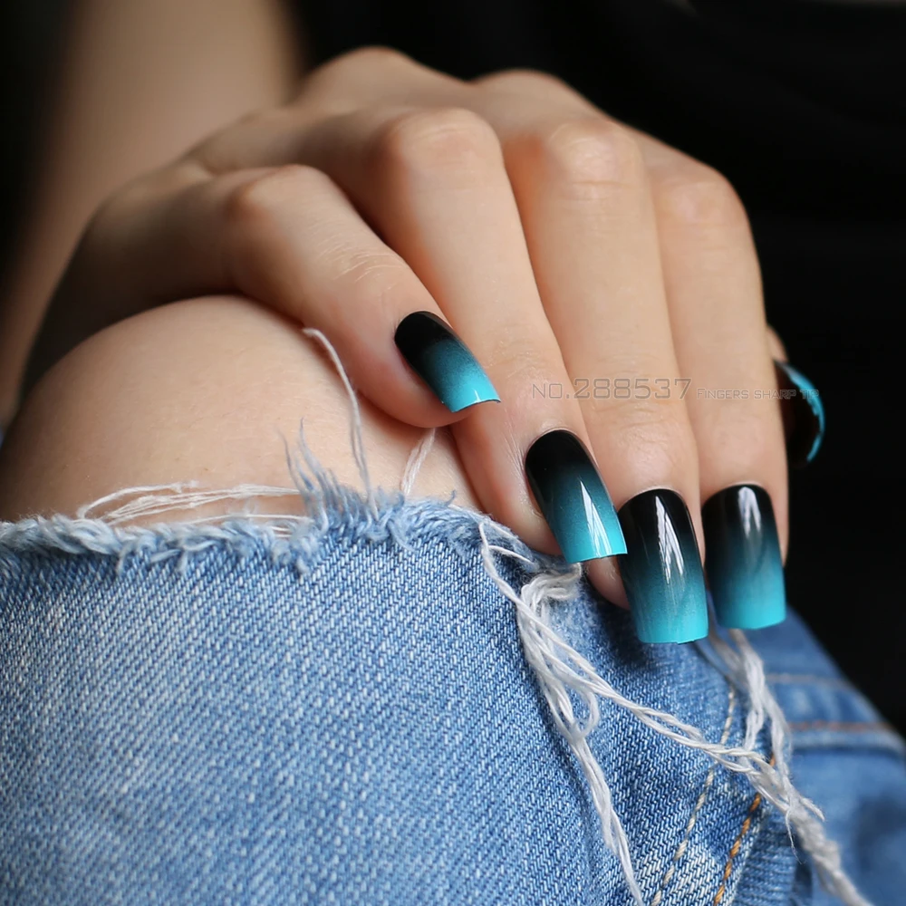 Градиентные синие Черные накладные ногти натуральные розовые квадратные