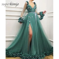 green prom dresses sweetheart neckline embroidery flowers a line short sleeve arabic evening dresses gowns