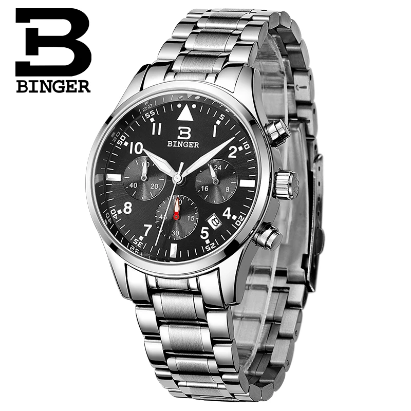 Switzerland BINGER men's watches luxury brand Quartz waterproof full stainless steel Chronograph Stop Watch Wristwatches B9202-2 |