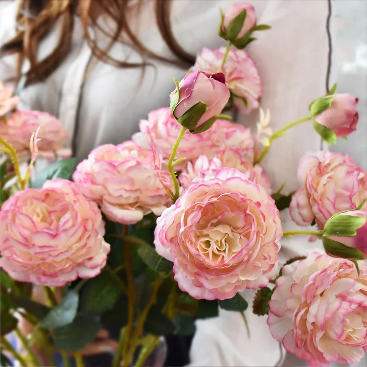 Champagne pink Искусственные розы пионы шелковые цветы DIY длинная ветка 3 головки пионы Искусственные цветы Свадебные Декорации для сцены - Цвет: Champagne pink