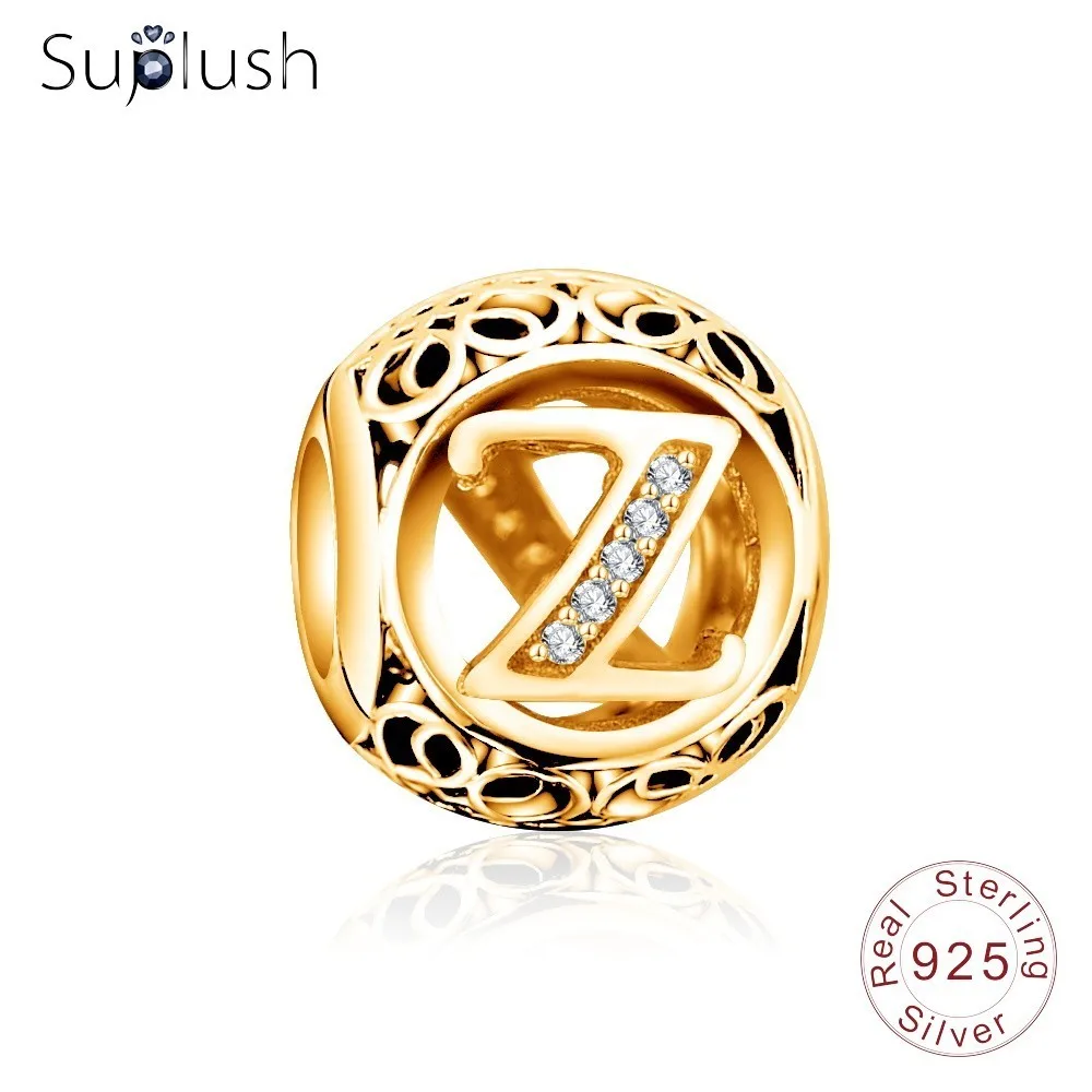 Suplush 925 пробы серебряные амулеты Алфавит A-Z золотые буквы амулет Бусины Подходят бренд амулет подарочные браслеты и ювелирные изделия