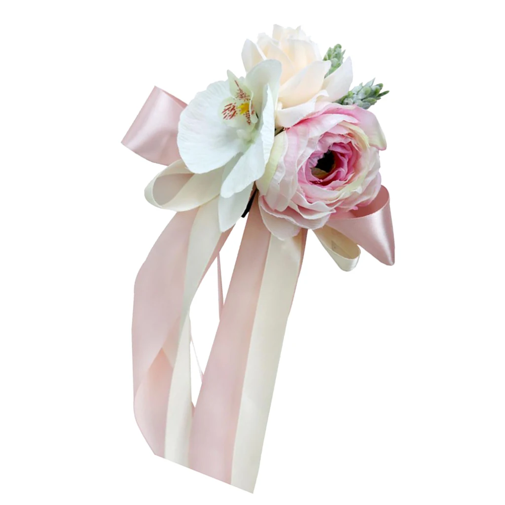 Peach Pink Свадебные автомобильные зеркальные ручки, украшения для стульев, набор, Шелковый цветок, лента, вечерние аксессуары, сделай сам - Цвет: Peach Pink