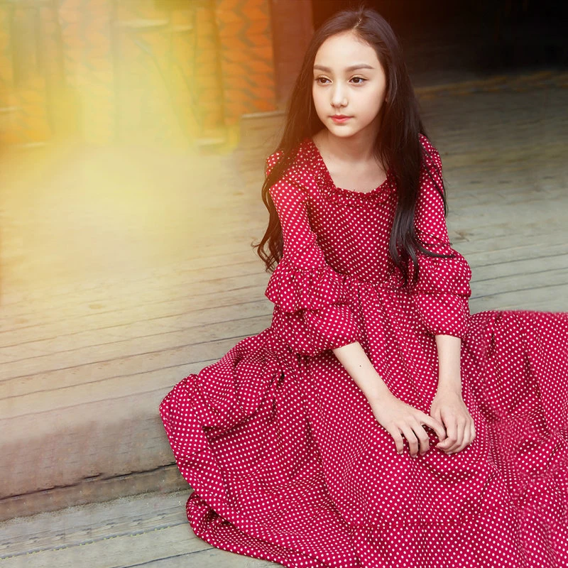 2018 г. Платье принцессы в горошек для девочек красное плиссированное многослойное