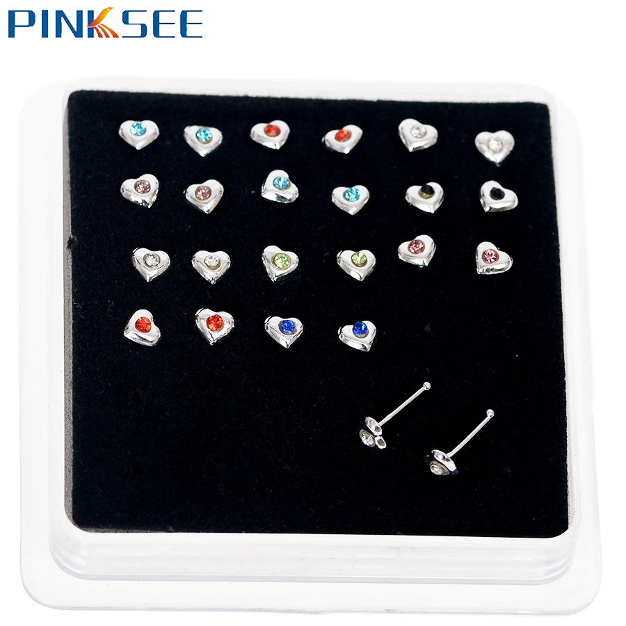 24 ⑤ упак. хрустальные кольца для носа в форме сердца Пирсинг из нержавеющей стали