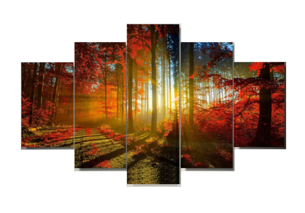 Оригинальные чернила масла 5 панелей парусина принт красный лес живопись для