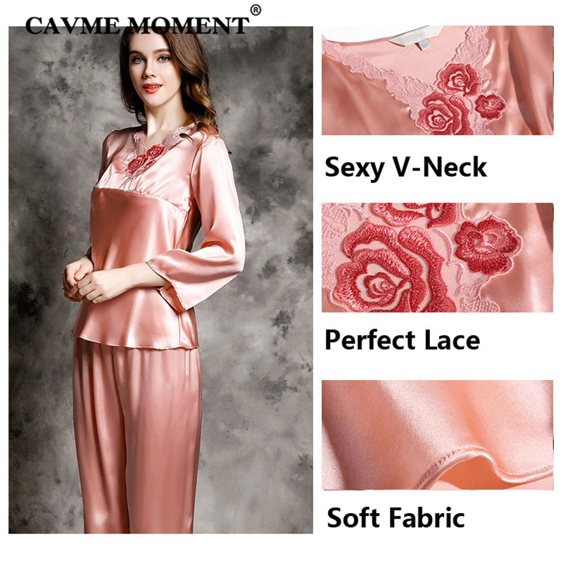CAVME 2019 Luxury Plus Size Silk Pajama Sets for Women Ladies Payama Set Solid Color V-Neck 2 Pieces Homewear Sleepwear