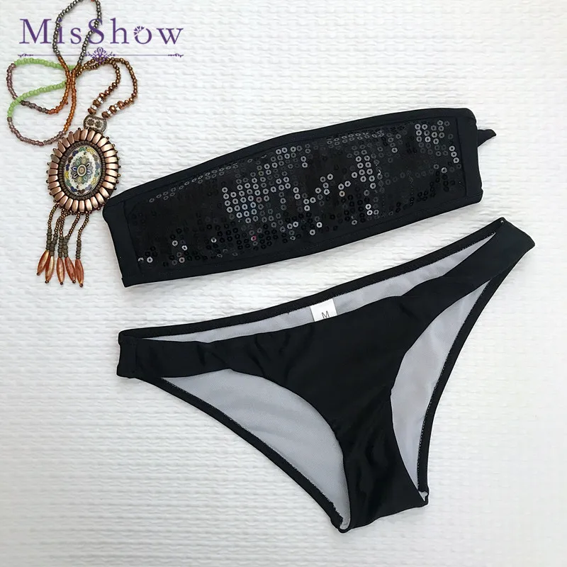 2019 Misshow сексуальные черные купальники бандо с блестками низкой талией бикини