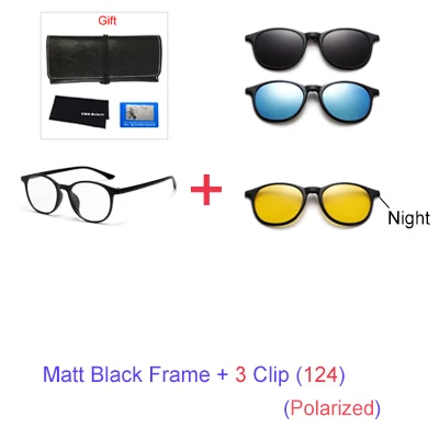 TWO Oclock Magnet Sunglass Women Men Polarized Lens Optical Spectacle Frame Clip On Glasses Men Round TR90 3D Night Vision A2245 - Цвет линз: 1 Frame 3 Clip 124