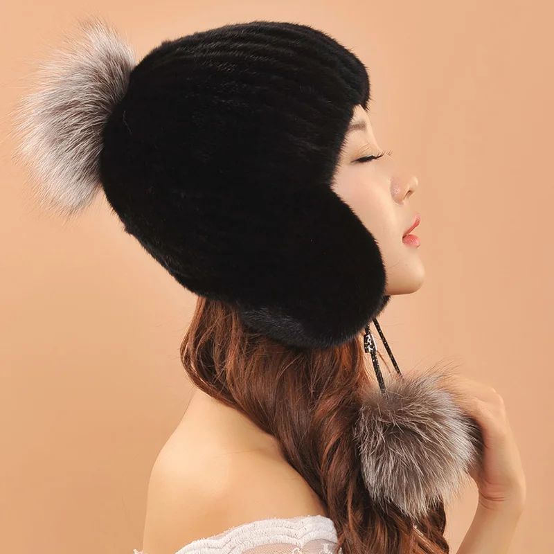 

Genuine Knit Fox Fur Hat Nature Cap Headgear Headdress Various Fashion Women Skullies Beanies