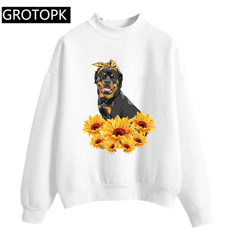 New Rottweiler Aesthetic Gothic Hoodies Women Sunflower Harajuku Kawaii White Sweatshirt Pullover Korean Fashion Clothes