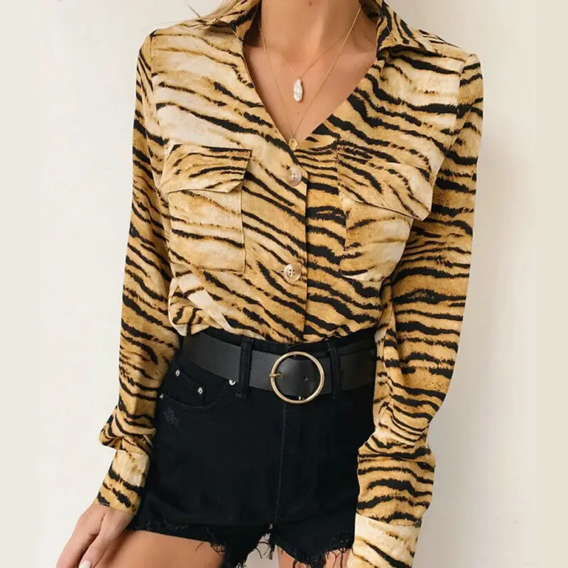 

Women Summer Leopard Shirt Long Sleeve Loose Shirts V Neck Casual Tops