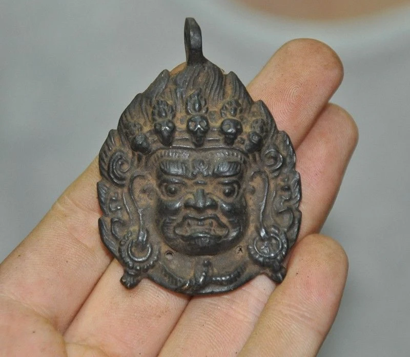 Старый тибетский буддистский храм бронзовая маска для лица Mahakala Dorje статуя