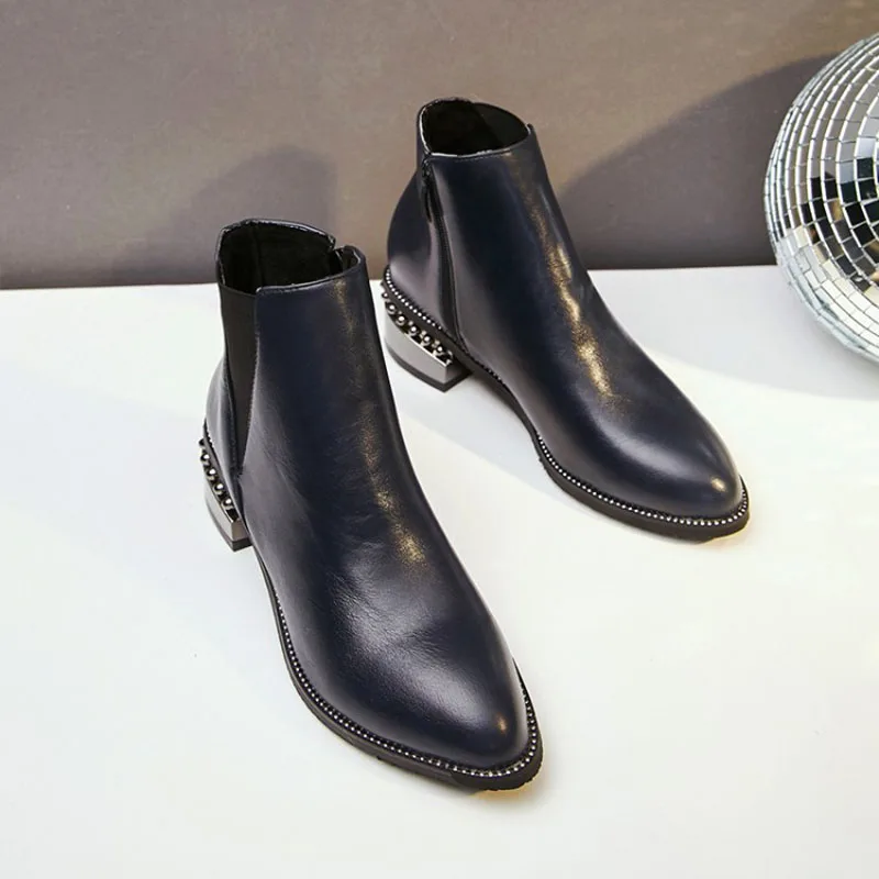 

Spring Autumn Winter Women Shoes Ankle Chelsea Boots Zip Pointed Toe Med Heels Short Plush Big Size Mixed Color Zipper Fashion